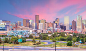 panorama of Denver skyline at twilight